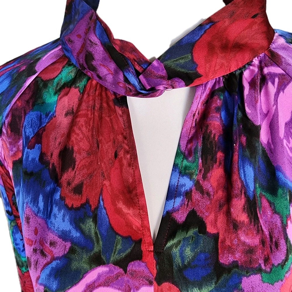Talbots Twist Neck Satin Charmeuse Blouse‎ Top XL Wrapped Jewel Tone Floral Chic - Picture 3 of 11